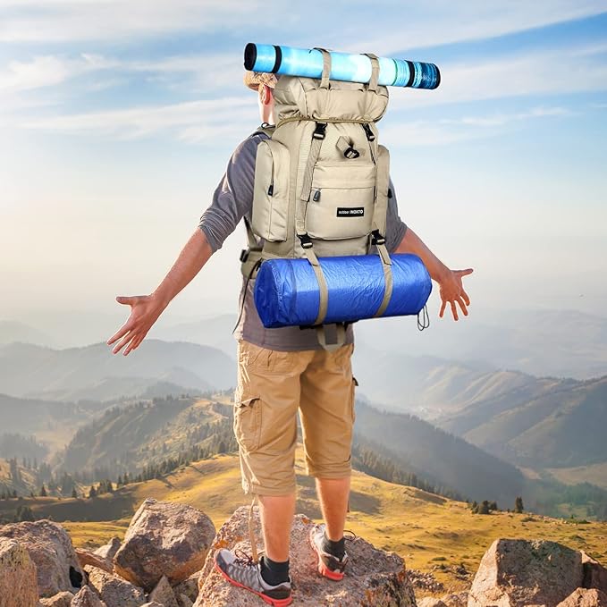 IX INOXTO 85L Lightweight Internal Frame Hiking Backpack for Men Women, Waterproof Travel Camping Backpack with Rain Cover (Khaki)
