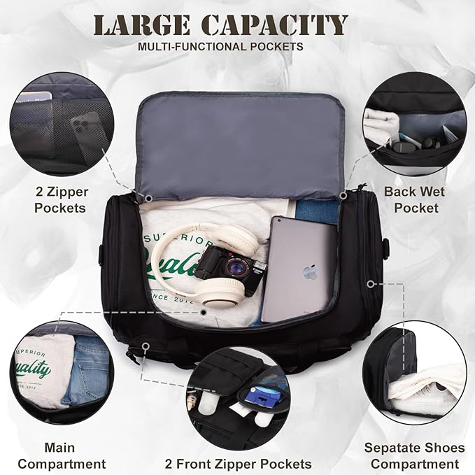 Tactical Duffle Bag For Travel Expandable 52L Large Duffle Bag For Men Gym Duffel With Wet Pocket Multi-Functional Carry On Bags Weekender Overnight Bag Organizer Duffel Bag For Travel