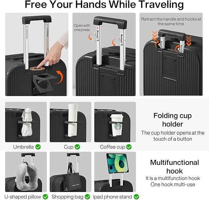 mixi Checked Luggage with Cup Phone Holder Hard Shell Rolling Travel Suitcases with Spinner Wheels,24 Inch Black