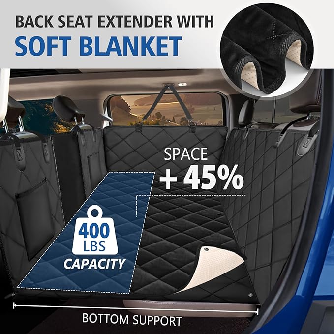 XL Truck Back Seat Extender for Dogs with Soft Blanket, Trucks Dog Seat Cover Back Seat Supports 400lbs, Hard Bottom Pet Seat Covers for Trucks, Waterproof Dog Hammock for Crew Cab Truck Black