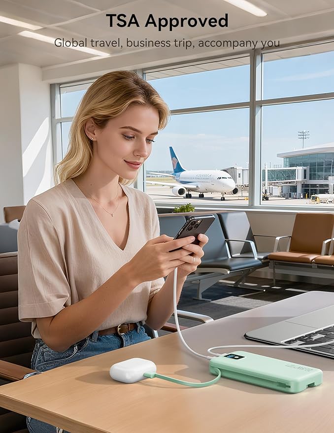 Portable Power Bank, 12000mAh 22.5W Fast Charging Phone Charger with Built-in Cables & Wall Plug, Travel Essential Battery Pack with LED Display, USB C Battery Charging Bank for iPhone, Samsung Green