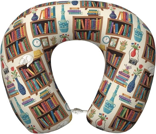 Travel Pillow Chin Neck Support, Comfortable Airplane Car Pillows for Rest, Memory Foam U Shaped Office Home Nap Sleeping Cushion Sleeping Cat Bookshelf Library