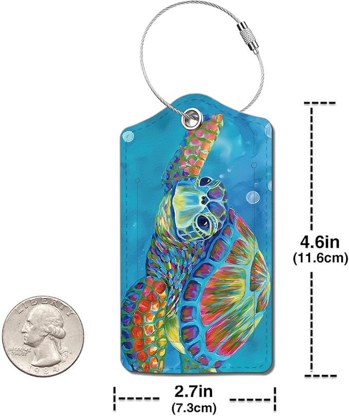 2 Pack Luggage Tag for Suitcase, Cute Unique Leather Bag Tags Identifiers Privacy Cover ID Label with Durable Steel Loop for Women Men Kids Girls Travel，TurtleA