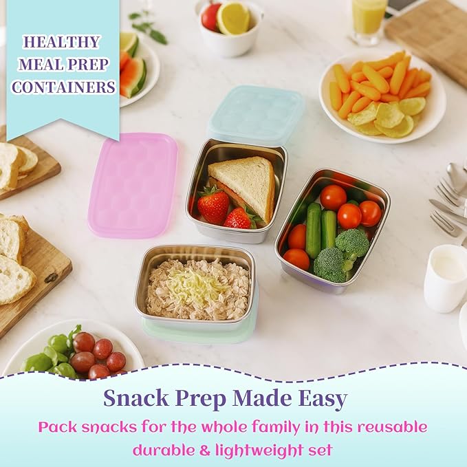 3-Pack Stainless Steel Snack Containers for Kids & Toddlers - 550ml (18oz) Leakproof Reusable Food Containers with LFGB Certified Lids | Stackable Metal Lunch Box for Daycare, School, Travel