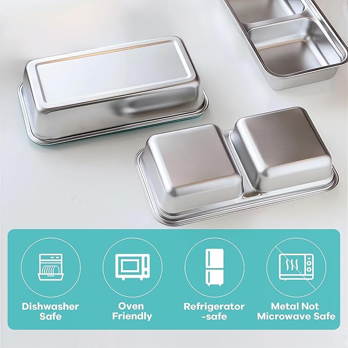 BSTUR 2Pcs 304 Stainless Steel Bento Boxes, 30 oz 2 Compartments Portable Food Storage Containers Snack Boxes with Leakproof Lids, Divided Meal Prep Lunch Box Food Container Dishwasher Safe