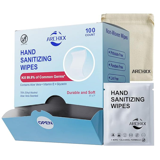 Hand Sanitizer Wipes, 100 Count Non-Woven Hand Wipes Travel Size, Aloe Vera Scent, 70% Alcohol, Individually Wrapped, Sanitizing for Home, Office & Outdoor, Drawstring Bag Included