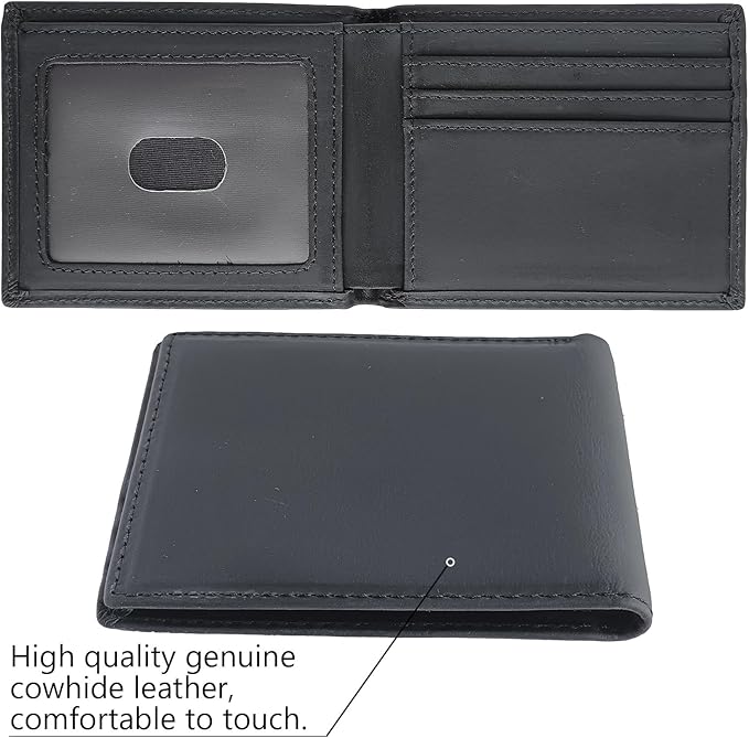 LnxLtw Men's Slim RFID Blocking Front Pocket Wallet | Minimalist Ultra-Thin Genuine Leather Bifold Wallet for Traveler with ID Window & Gift Box | Compact Black Credit Card Holder