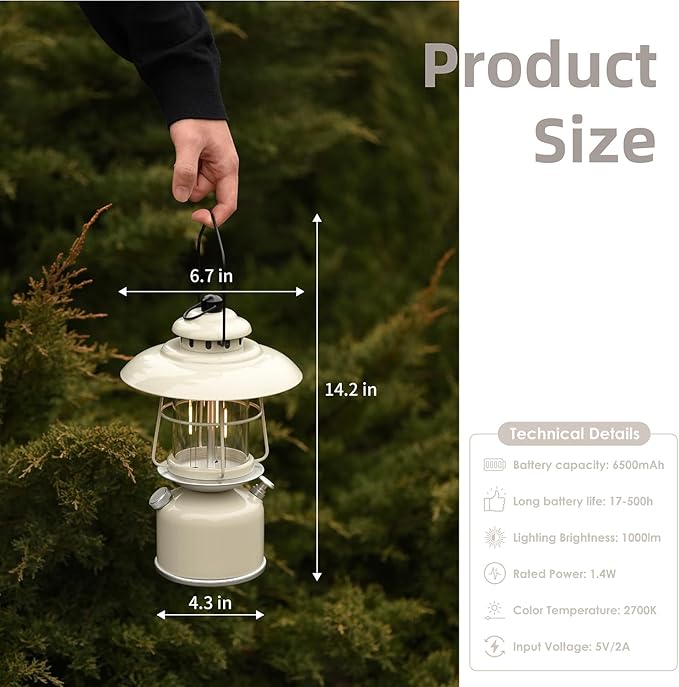 Metal Retro Classic LED Camping Lantern, 6500mAh Rechargeable Battery Last 17-500 Hours Camping Lamp, Large Dimmable Hanging Lantern, Vintage Camping Light with Hook for Courtyard Outdoor Decoration