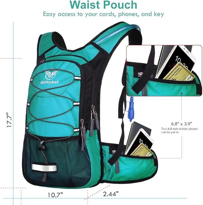 Mothybot Insulated Hydration Backpack Pack with 3L BPA Free Leak Proof Water Bladder, Large Storage Lightweight Hiking Daypack with Waist Pouches & Cooler Layer, for Running, Biking, Camping, Festival