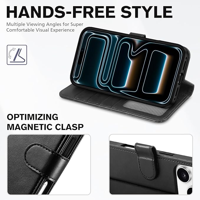 TUCCH Wallet Case for iPhone 17 Pro (6.3") 2025, Wrist Strap RFID Blocking 4 Card Slots, Kickstand, Shockproof TPU Shell, PU Leather, Magnetic Closure, Protective Flip Folio Cover, Black