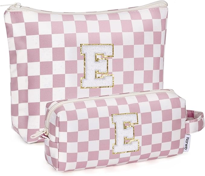 Narwey 2 Piece Personalized Initial Makeup Bag Checkered Cosmetic Bags, 6 8 10 11 12 13 14 16 18 Years Old Teen Girl Gifts Trendy Stuff Birthday Gifts for Women, Travel Toiletry Bag (Pink Letter E)