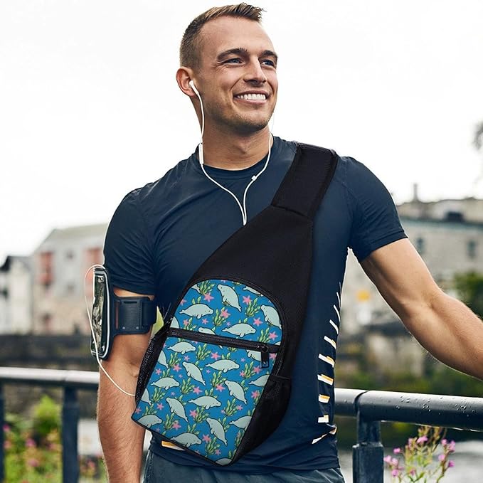 SWEET TANG Fashion Sling Backpack for Men Women, Lightweight Sling Shoulder Bag, Outdoor Chest Crossbody Bike Gym Runner Daypack with Adjustable Strap, Manatee Animals