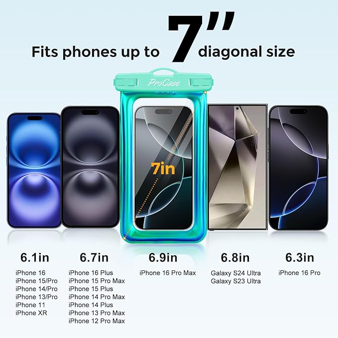 2 Pack ProCase Floating Waterproof Phone Pouch Up to 7", IPX8 Floatable Underwater Phone Case Dry Bag for iPhone 17/Air 16 15 14 13 12 11 Pro Max Xs Max XR X 8 7 Plus SE/Galaxy S24 S23 S22 -WhiteGreen