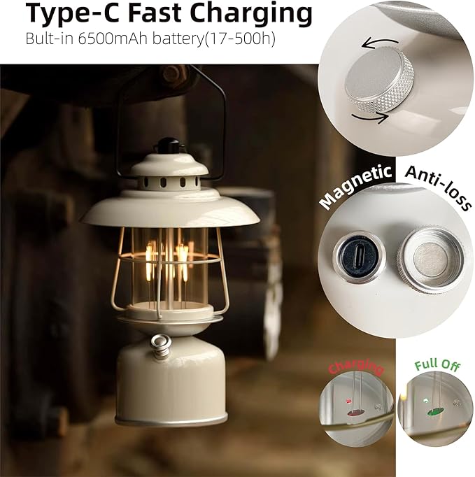 Metal Retro Classic LED Camping Lantern, 6500mAh Rechargeable Battery Last 17-500 Hours Camping Lamp, Large Dimmable Hanging Lantern, Vintage Camping Light with Hook for Courtyard Outdoor Decoration