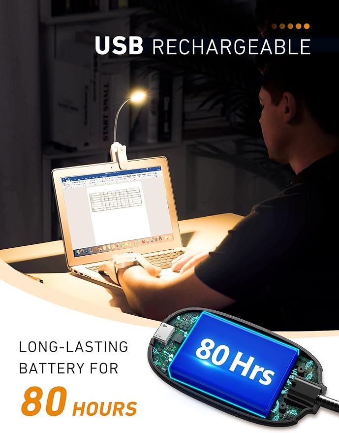 Monotremp Book Lights for Reading at Night in Bed, 80 Hours Runtime Rechargeable Reading Lights for Books in Bed, 3 Brightness Levels × 3 Color Temperatures, 1.3 oz Lightweight