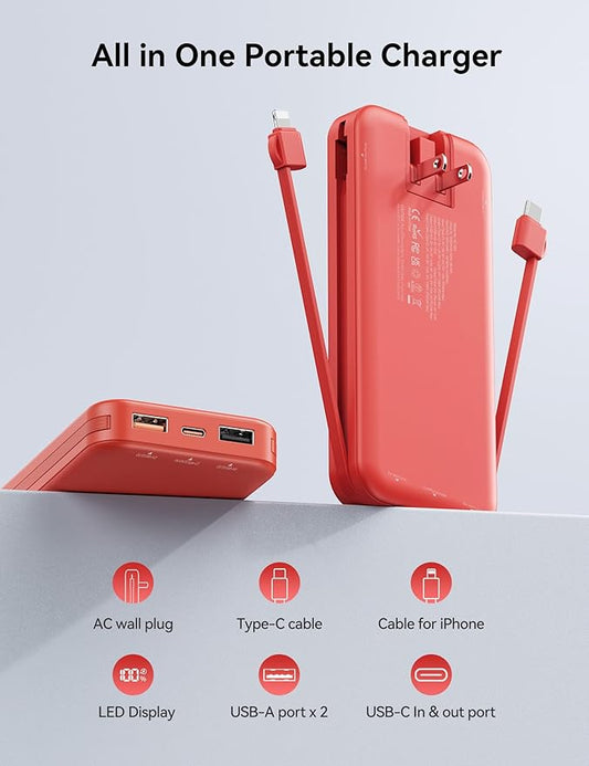 Ultra-Portable-Charger-Power-Bank with Built in Cables&AC Wall Plug,12000mAh PD20W USB-C Fast Charging Cell Phone Charger Battery Pack,LED Display Travel Battery Bank for All iPhone,Samsung,Android