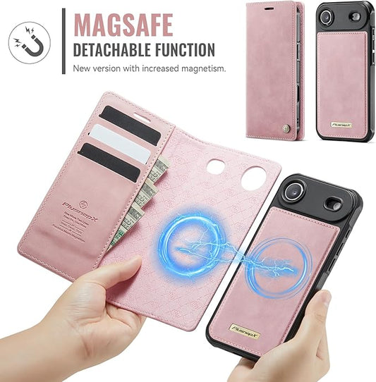 PlusnapX Wallet Case for iPhone Air Compatible with Magsafe, 2-in-1 PU Leather Flip RFID Blocking Card Holder Stand ShockAirof Magnetic Detachable Cover for iPhone 17 Air Case 6.5", Pink