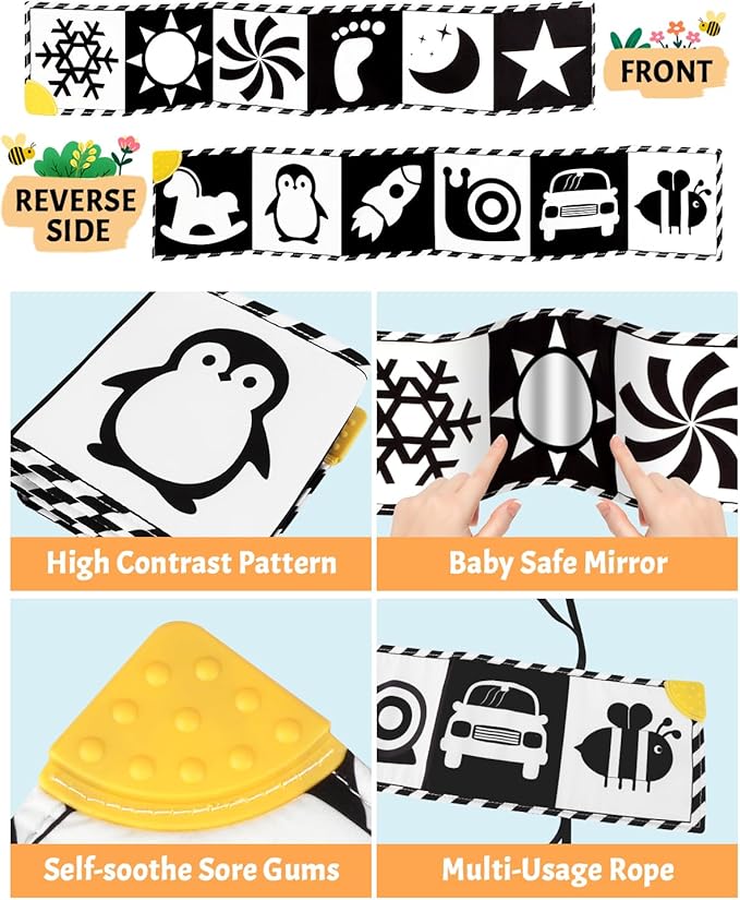 Baobrava High Contrast Baby Toys, Black and White Newborn Toys for Brain Development, Soft Baby Books, Infant Sensory 0-6-12 Months, Tummy Time Toy, Visual Stimulation Montessori Gift