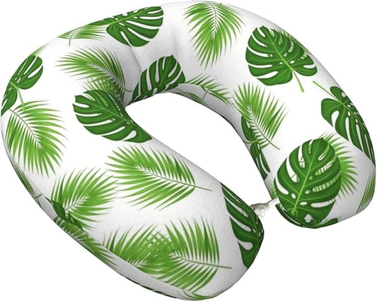 Neck Pillow Memory Foam Chin Cushion with Breathable Cover Tropical Leaf Green Banana Palm Leaves, Cute Airplane Car Pillows for Office Head Pain Relief