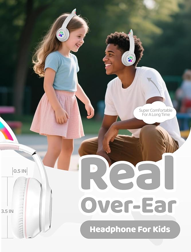 MIDOLA Kids Headphones Cat Ear Wireless Bluetooth 5.3 60H Over Ear, 8H with Led Light Foldable Music Gaming Headset with Aux 3.5mm Mic for Travel Pad Tablet White