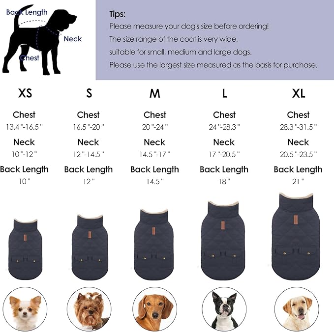 Winter Coat for Medium Dogs, Dog Plaid Jacket, Pets Coat for Cold Weather, Windproof Warm Garments, Pet Thickened Outfits Indoor Outdoor, NavyBlue M