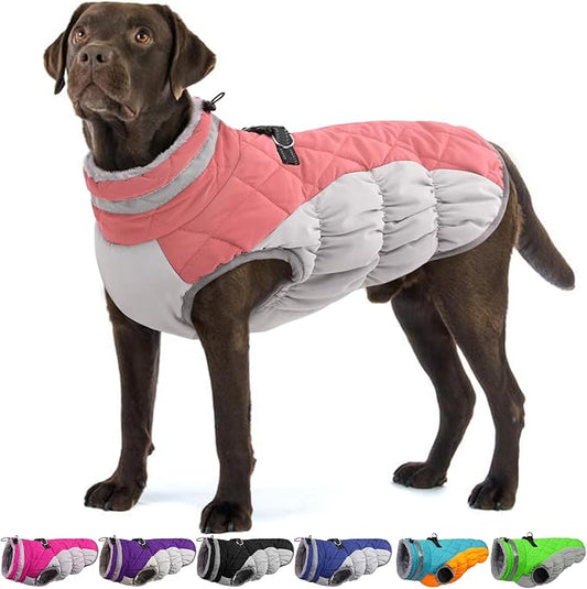 OUOBOB Dog Coats for Large Dogs,XL Dog Coat,Warm Fleece Winter Coat with D-Ring,Back Zipper Pet Jacket for Large Dogs,Waterproof Pet Snow Jacket Clothes Snowsuit Beagle Corgi Border Collie,Pink,XL