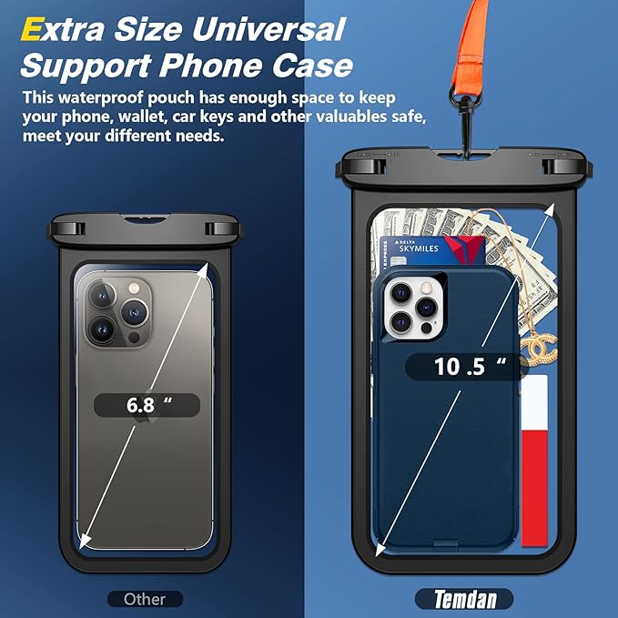 Temdan 2 Pcs Waterproof Phone Pouch, [Up to 10" Large] Universal IPX8 Waterproof Cell Phone Case Dry Bag with Lanyard for iPhone 16 Pro Max/16E/15/14/13,Galaxy S25 Ultra/S24/S23 for Vacation -Black