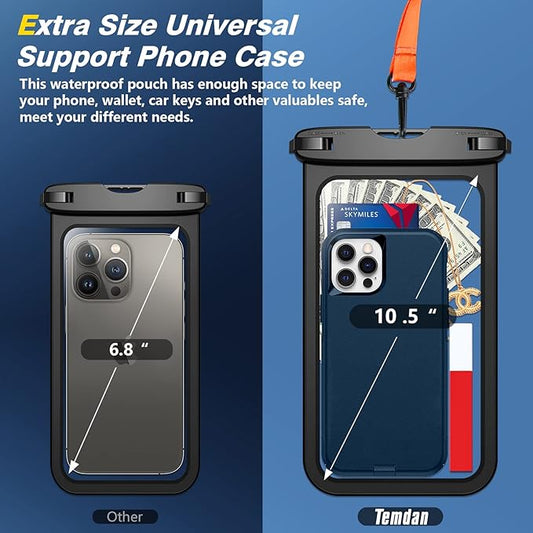 Temdan 2 Pcs Waterproof Phone Pouch, [Up to 10" Large] Universal IPX8 Waterproof Cell Phone Case Dry Bag with Lanyard for iPhone 16 Pro Max/16E/15/14/13,Galaxy S25 Ultra/S24/S23 for Vacation -Black