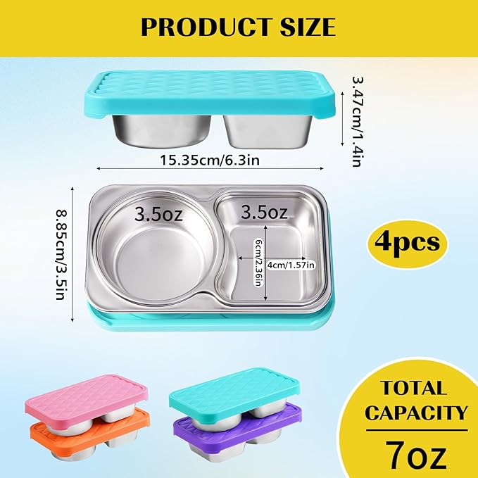 LVQVEV 4 Pack Stainless Steel Snack Containers, 2 Compartment Snack Container with Silicone Lids, Easy Open Leak Proof Reusable Metal Toddler Snack Containers for Daycare (Orange, pink, purple, blue)