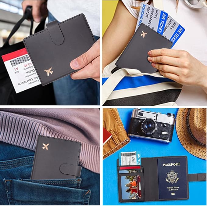 Deziliao Unisex Faux Leather Passport and Vaccine Card Holder, Black, Slim, Waterproof, Lightweight, RFID Blocking