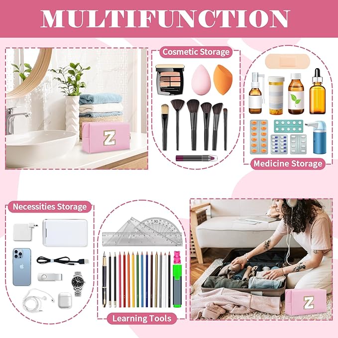 Personalized Initial A-Z Preppy Patch Makeup Bag,Small PU Chenille Letter Cosmetic Bag with Zipper for Teen Girls,Pink Cute Toiletry Organizer Bag,Monogram Makeup Case Gift for Women Girls,Letter Z