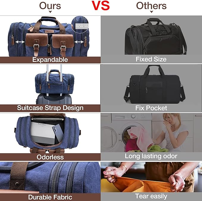 Wildroad 50L Travel Duffel Bag, Expandable Canvas Genuine Leather Duffle Bag Upgraded Overnight Weekender Carry on Bag