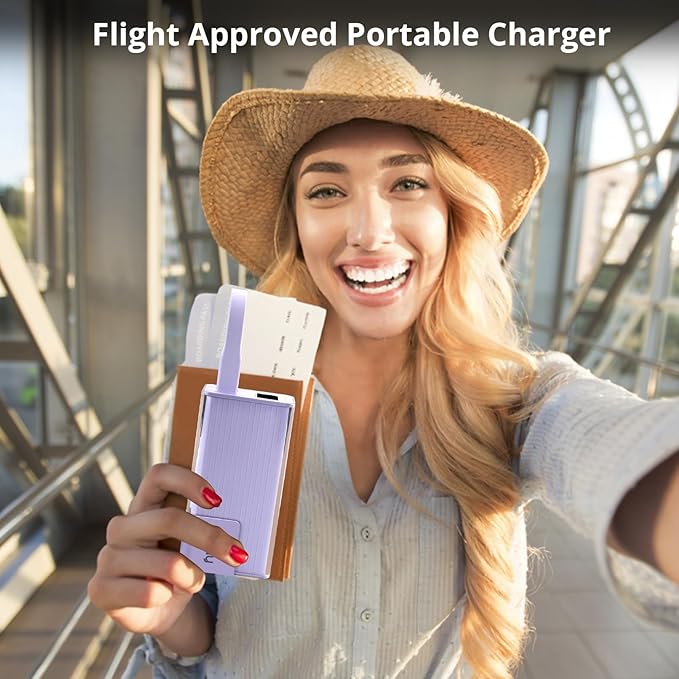 Miady Portable Charger Built-in Foldable Wall Plug, PD 30W 10000mAh Compact Power Bank has USB-C Cable & LED Display, Travel Essential Battery Pack Compatible with iPhone Galaxy Smartphones (Purple)