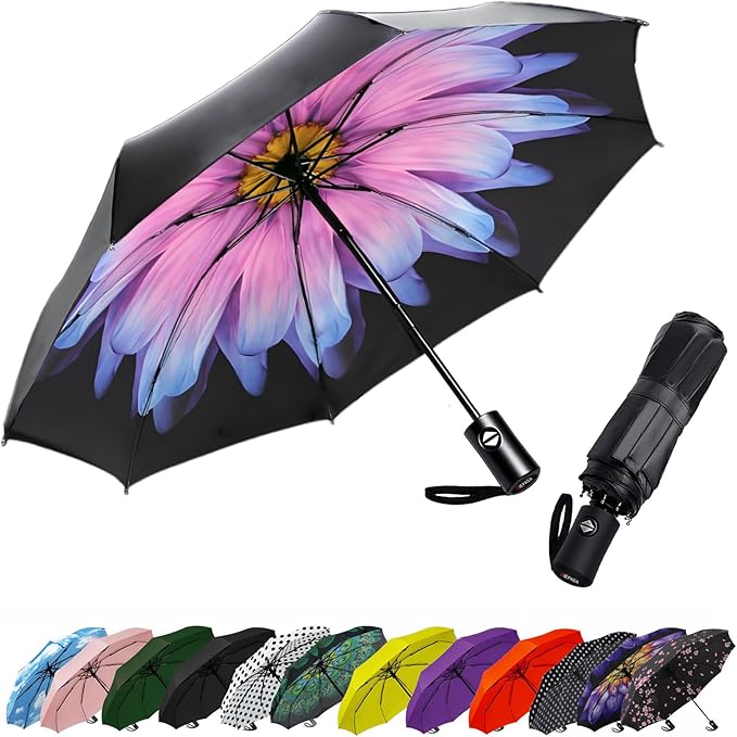 SIEPASA Compact Travel Umbrella - Windproof Auto Open/Close, Small Folding Umbrella for Rain - Lightweight & Durable with Fiberglass Frame, Waterproof Canopy - Fits Backpack, Purse, Suitcase. (Glaze)
