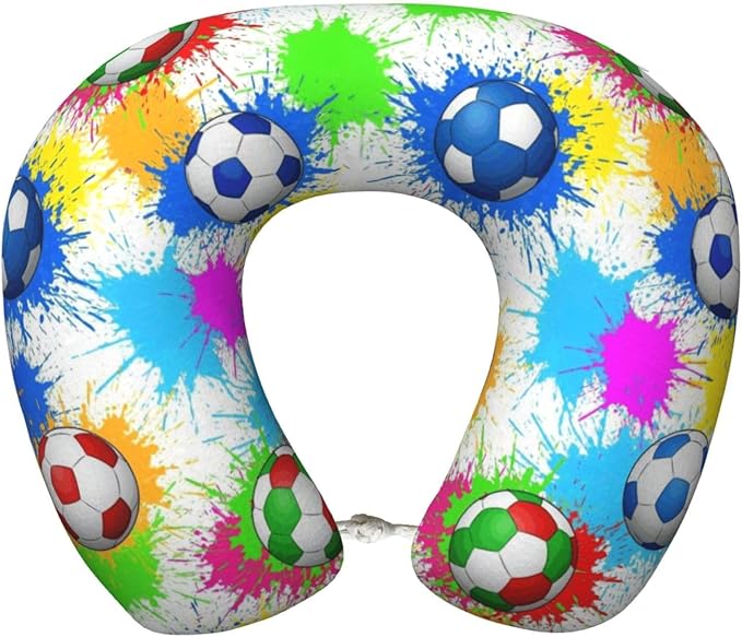 Comfortable Memory Foam Neck Pillow Splash Ink Colorful Paint Football Soccer, Travel U Shaped Airplane/Car/Flight Pillows with Removable Zipper Cover, Chin Head Neck Support Cushion