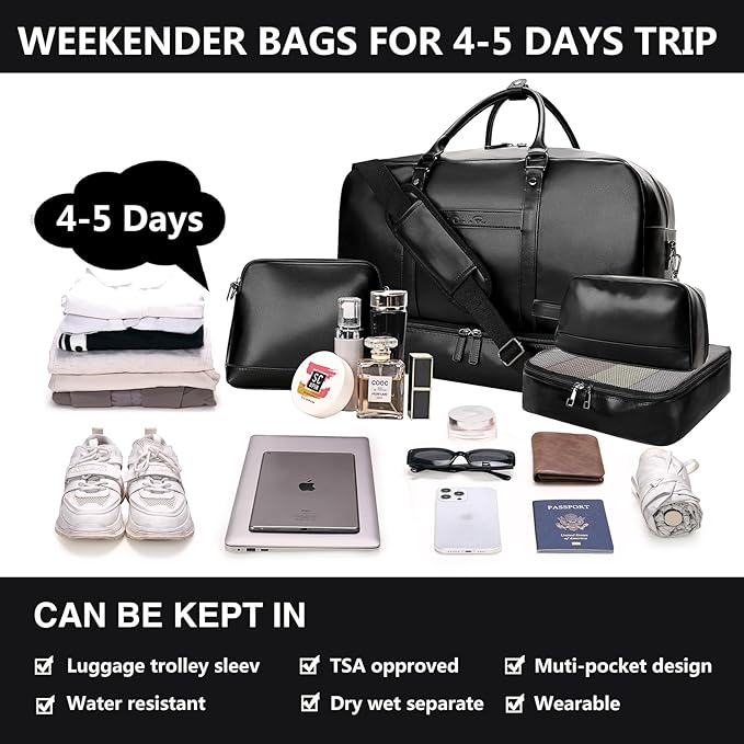 4PCS Leather Duffle Bags, Weekender Bag for Women Men, Large Travel Duffel-Overnight Bag with Toiletry, Makeup, Shoulder Bag, Faux Leather Carry On with Shoe Compartment (Black)