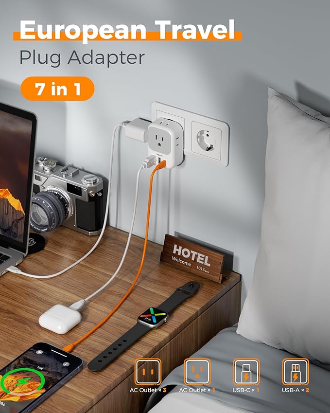European Travel Plug Adapter USB C, TESSAN International Plug Adapter with 4 AC Outlets 3 USB Charging Ports, Type C Europe Power Adaptor for US to EU France Germany Iceland Spain Italy
