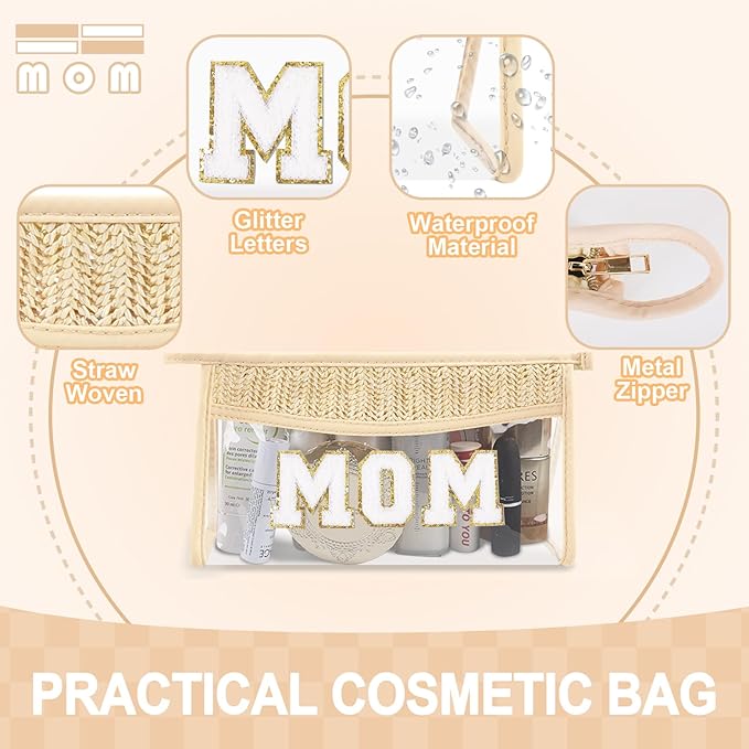 Small Boho Straw Clear Mom Makeup Bags for Women&Girls, Zipper Cosmetic Bag Chenille Varsity Letter Patch Bag, Preppy Cute Toiletry Pouch, Trendy Organizer Storage Bag for Beach Travel Essentials