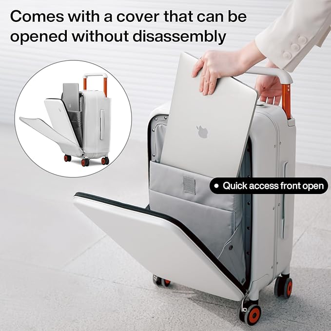 mixi Carry On Luggage Wide Handle Luxury Design Rolling Travel Suitcase PC Hardside with Aluminum Frame Hollow Spinner Wheels, with Cover, 20 inch, Smoke White
