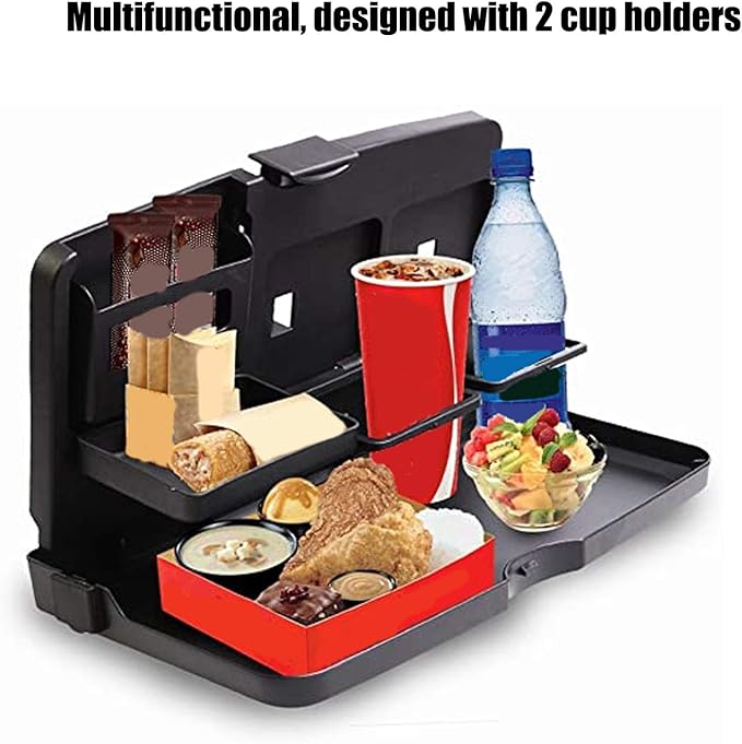 Car Food Tray Multi Functional Portable Folding Car Vehicle Seat Food Meal Snack Tray with Cup Holders and Storage Pocket for Travel Road Trips Plastic Compact Size