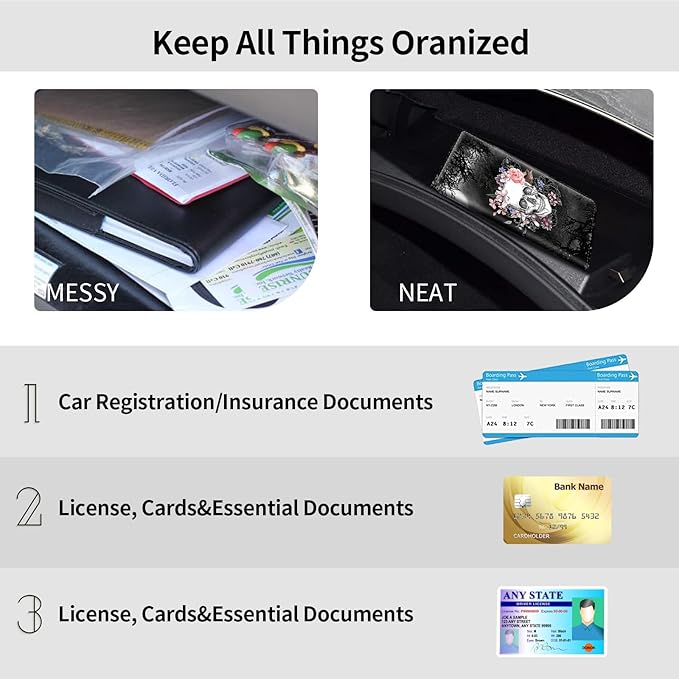 Car Registration and Insurance Holder, Leather Car Glove Box Organizer, Cool Car Accessories for ID, Driver's License Cards & Essential Document, business cards, Men&Women,Skull Flower