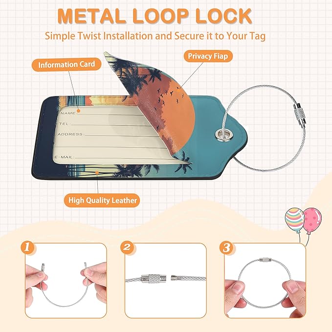 Abstract Beach 3 Pack Luggage Tags for Suitcases, Colorful Tropical Palm Tree Sunset PU Leather Luggage Tag for Travel, Bag Tags with Privacy Name ID Card and Steel Loop for Women Men