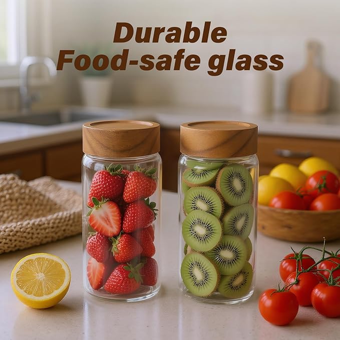 Zoaiirte 2-Pack 13 oz Glass Mason Jars with Acacia Wood Lids - Sealable, Leakproof, Clear & Stackable Food Storage Containers for Spices, Meal Prep, Flour, Sugar & Snack Storage