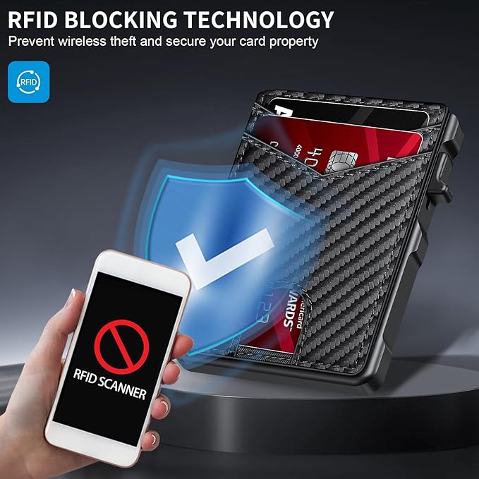 Airtag Wallet for Men, Mens Smart Wallet for Air Tag RFID Blocking, Minimalist Bifold Pop Up Aluminum Credit Card Case Holder 12+ Cards with ID Window, Gift for Men, No Airtag Included, Carbon Red