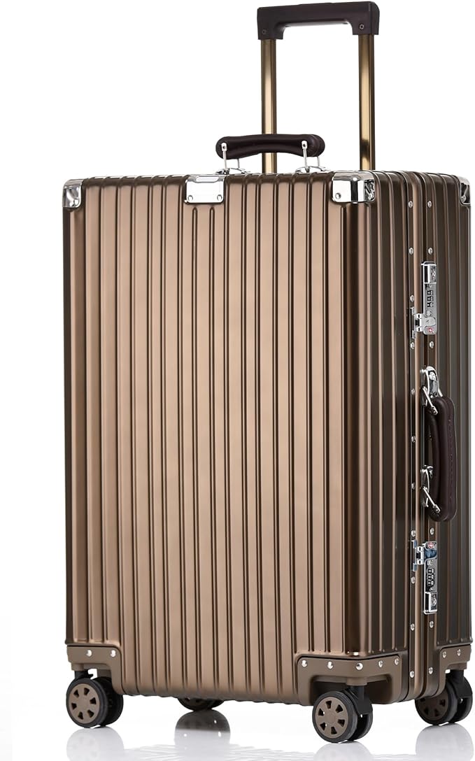 HotWay 28 Inch All Aluminum Checked in Luggage with Leather Handle, Hard Shell Zipperless Suitcase with TSA Locks and Spinner Wheels, Large Luggage for Business Travel, Gold