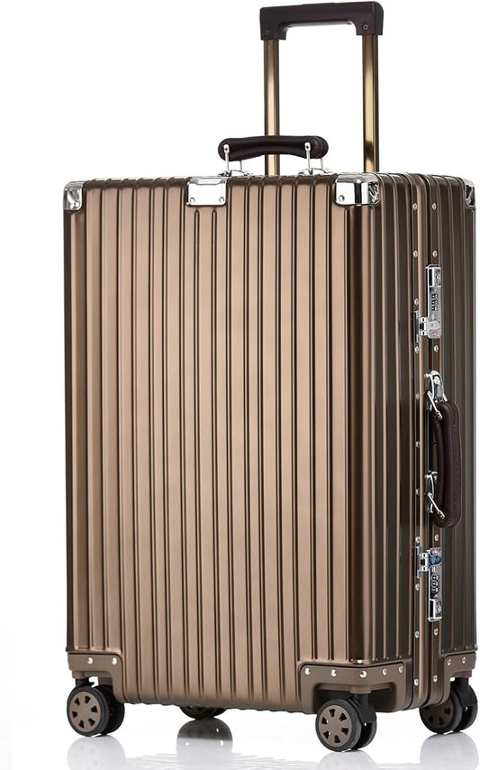 HotWay 28 Inch All Aluminum Checked in Luggage with Leather Handle, Hard Shell Zipperless Suitcase with TSA Locks and Spinner Wheels, Large Luggage for Business Travel, Gold
