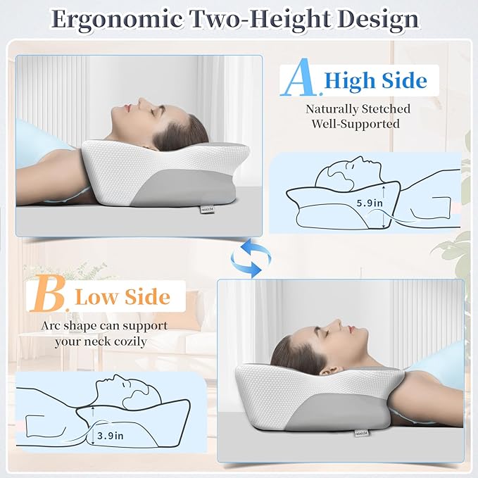 Cervical Neck Pillow, Side Sleeper Pillow for Adults, Neck Pillow for Neck and Shoulder, Orthopedic Contour Memory Foam Pillows for Side Back & Stomach Sleepers with Cooling Pillowcase