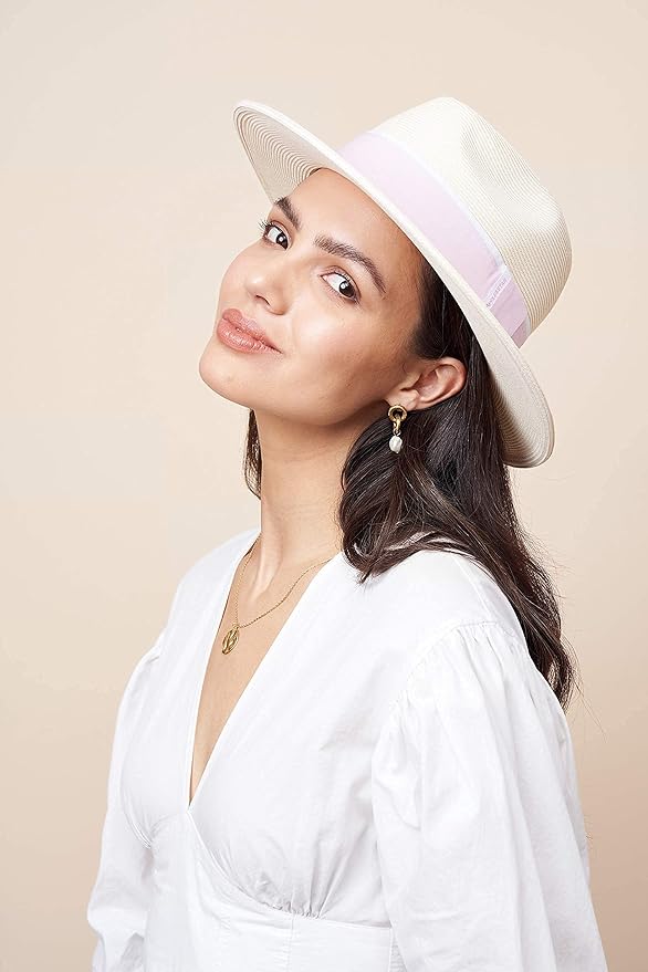 Pineapple&Star Sun Straw Fedora Beach Hat Fine Braid UPF50+ for Women