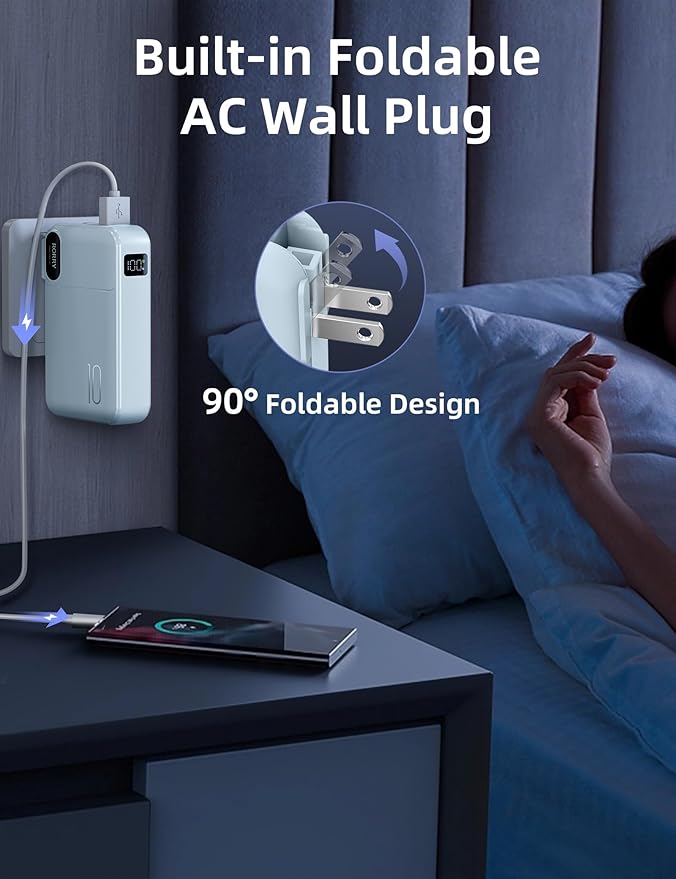 RORRY Portable Charger Built in Cables, AC Wall Plug in Portable Charger Power Bank 10000mAh Travel Battery Pack 22.5W Fast Charging for iPhone 17/16/15 Samsung Galaxy S24/S23/S22 Pixel LG iPad, Blue