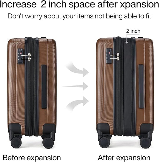 Hanke 20 Inch Expandable Carry on Luggage 22x14x9 Airline Approved Lightweight PC Hard Shell Suitcases with Wheels Tsa Luggage Rolling Suitcase Travel Luggage Bag for Weekender(Brown)